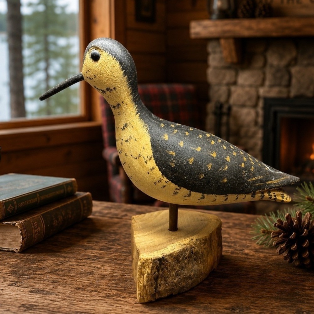 Vintage Hand Carved Wooden Shorebird Decoy On A Stand Folk Art Rustic Decor